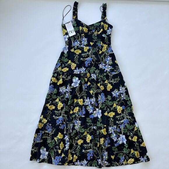 ZARA NWT WOMAN SS24 BLACK/YELLOW FLORAL PRINT MIDI DRESS Large $80 Ref 2157 052 - Picture 9 of 15